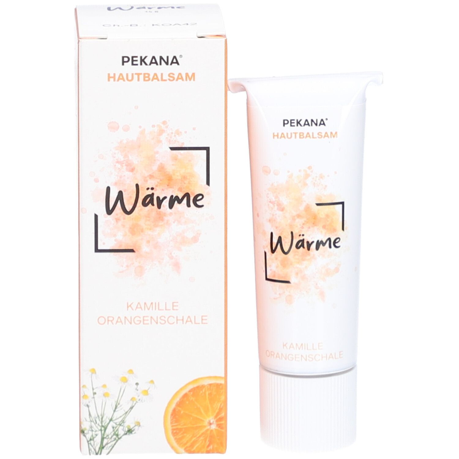 Emballage du produit et tube. Emballage : blanc avec accents orange. Tube : blanc avec inscription Wärme, Kamille, Orangenschale.