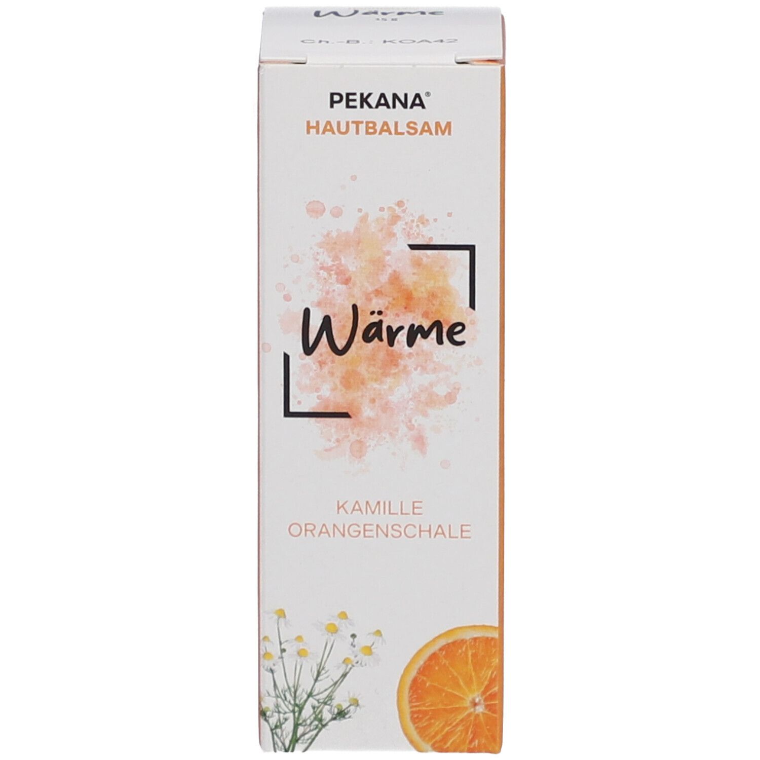 Emballage du produit. Blanc avec accents orange. Inscription : Wärme, Kamille, Orangenschale. Illustration d'une orange et de camomille.