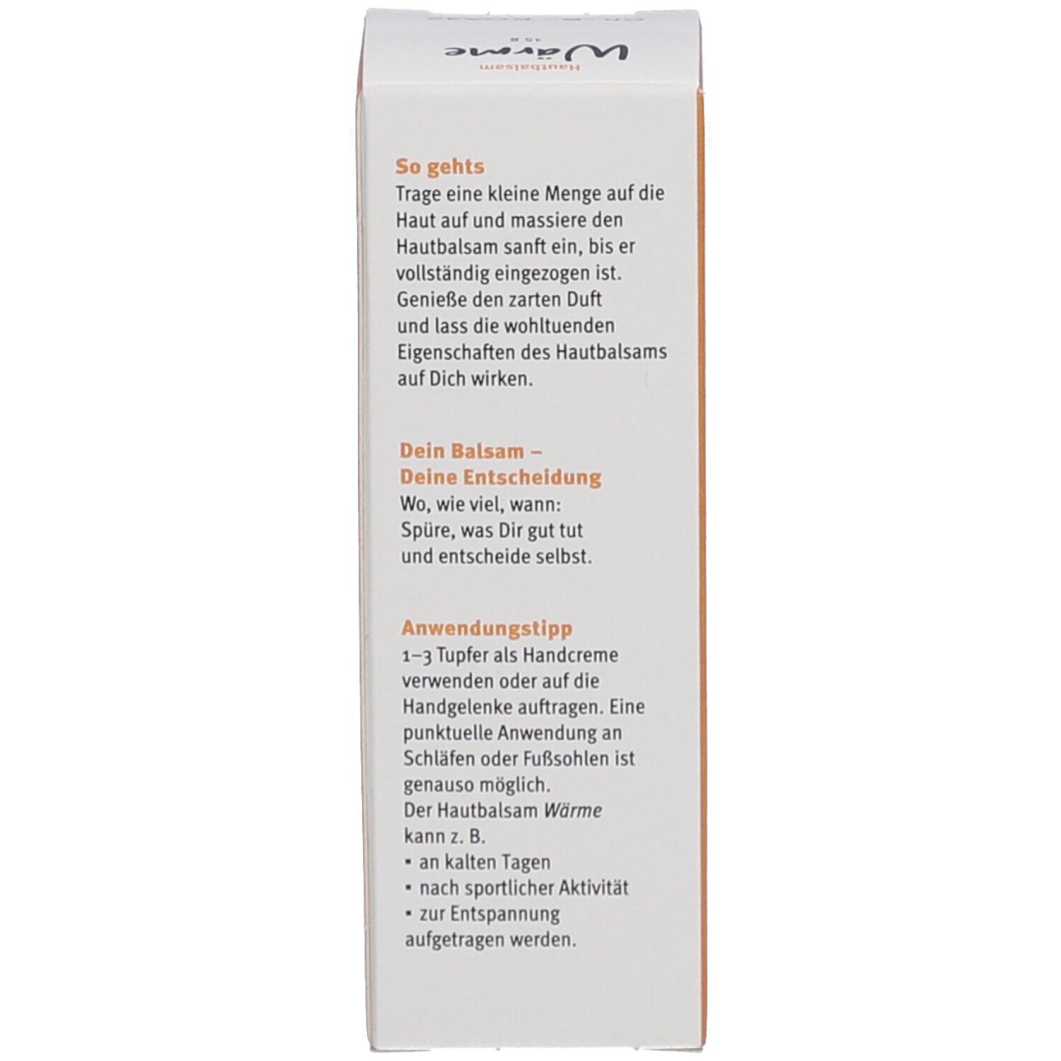 Côté de l'emballage du produit. Instructions d'utilisation et de dosage. Fond orange avec texte blanc.