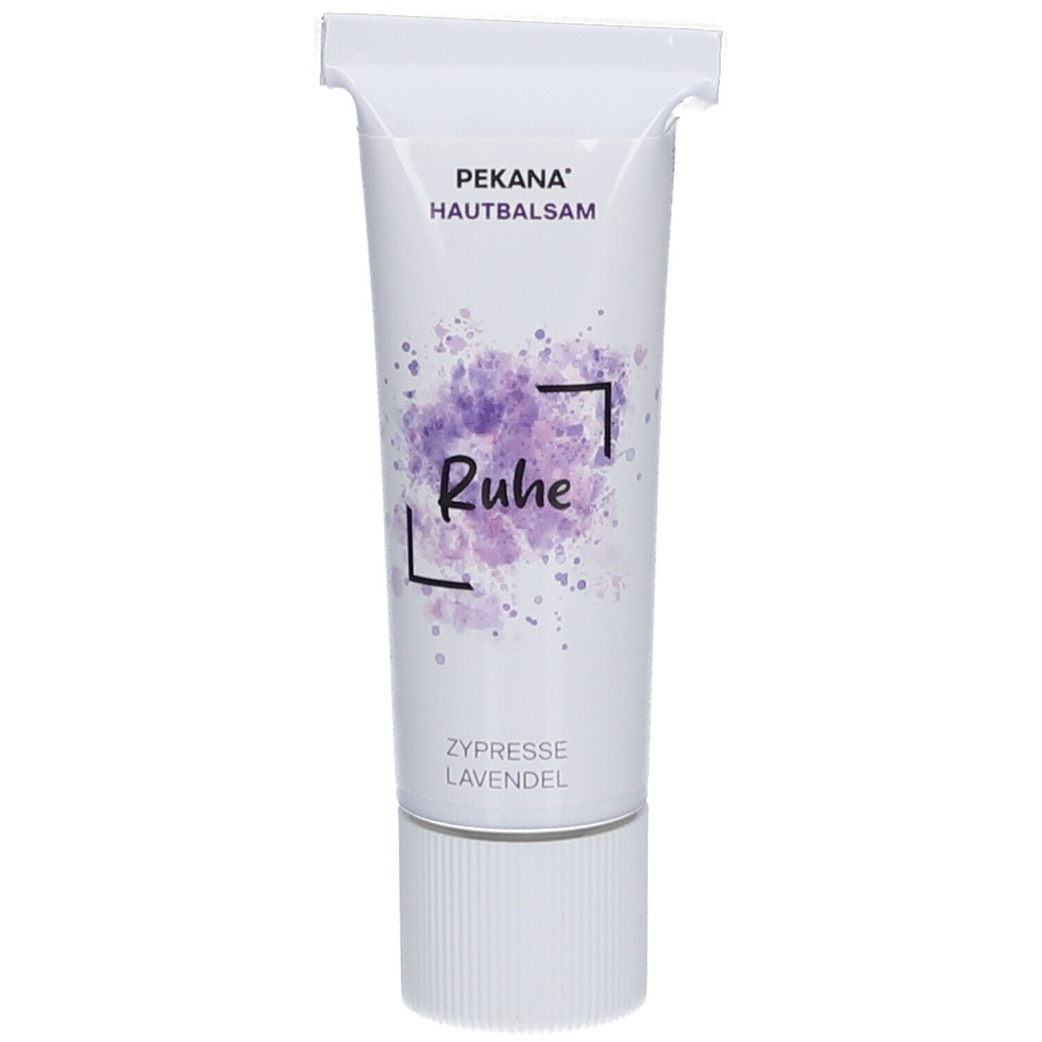Tube blanche et violette avec PEKANA Hautbalsam. Inscription 'Ruhe', Cyprès Lavande. Bouchon à vis blanc.