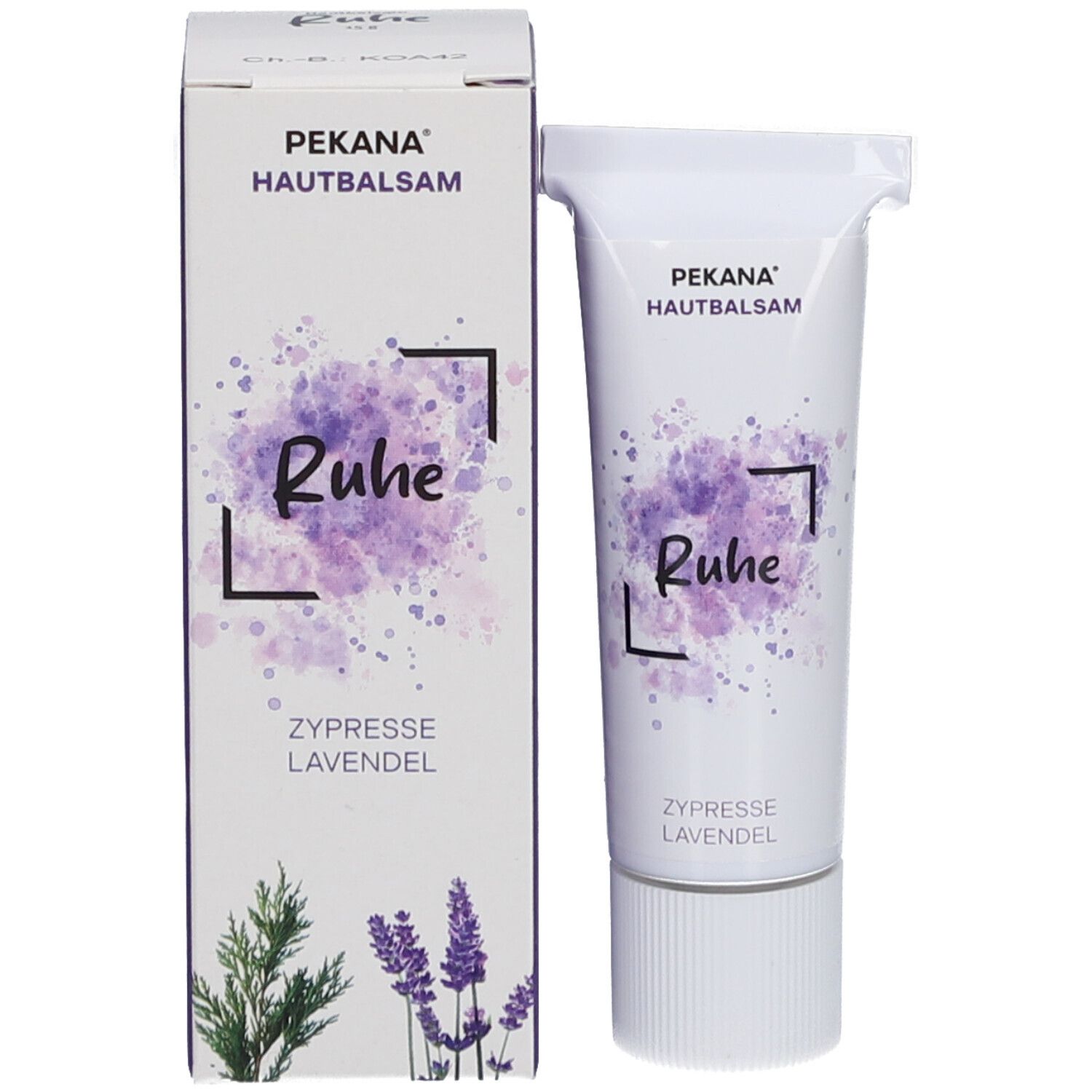 Emballage du produit avec tube. Boîte et tube avec PEKANA Hautbalsam, 'Ruhe', Cyprès Lavande. Boîte avec illustrations de plantes.