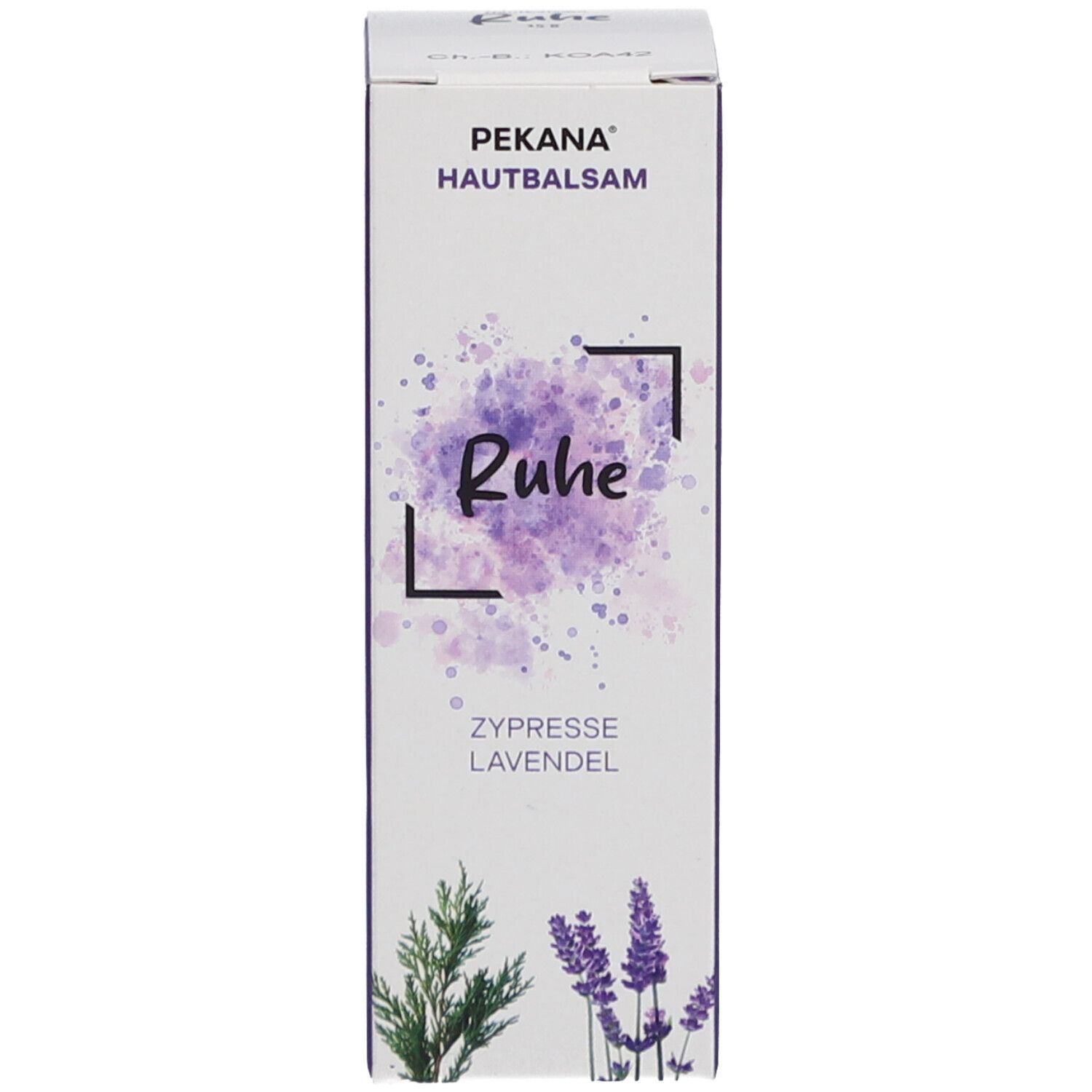 Boîte blanche avec PEKANA Hautbalsam, 'Ruhe', Cyprès Lavande. Éclaboussures de couleur violette et illustrations de plantes.