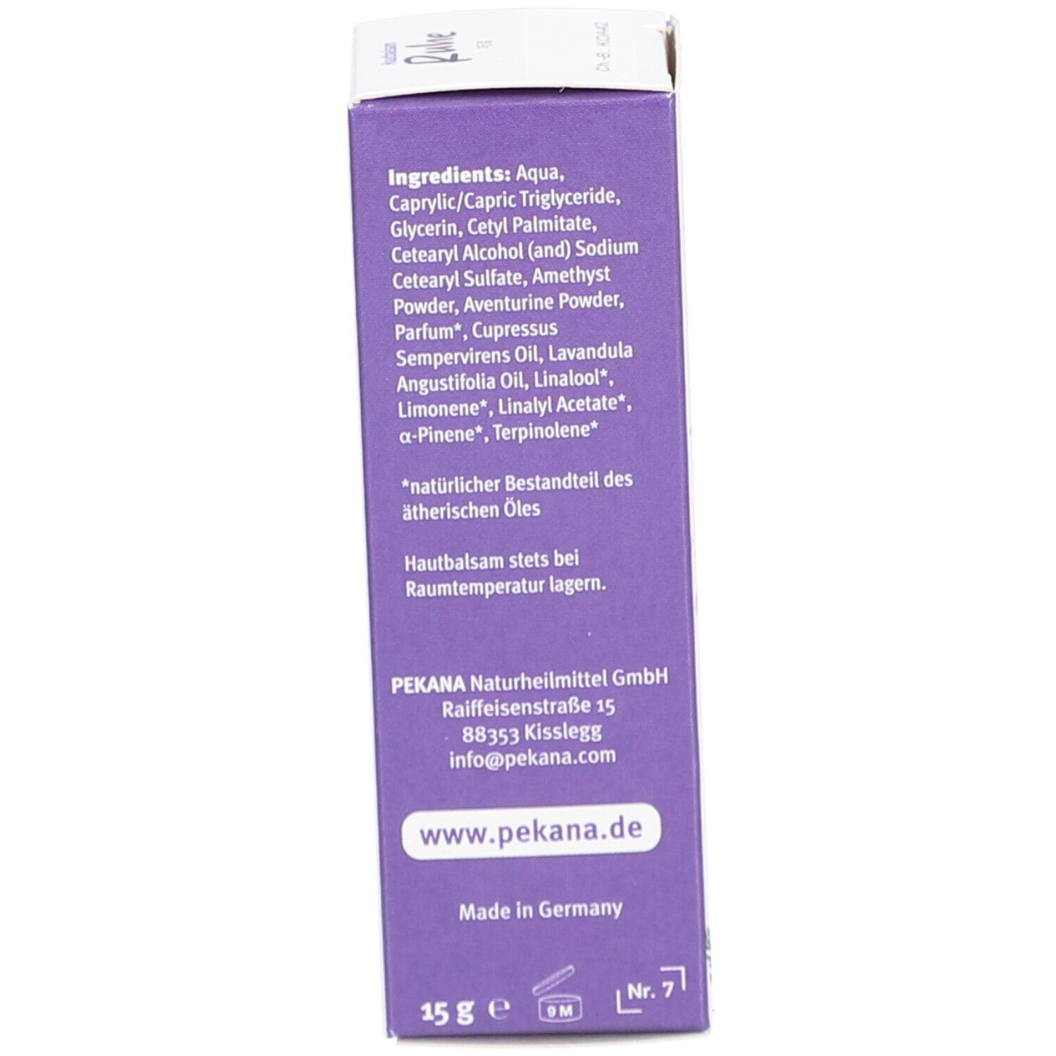 Côté de la boîte avec ingrédients et informations du fabricant. PEKANA Naturheilmittel GmbH, Kisslegg. Fabriqué en Allemagne.