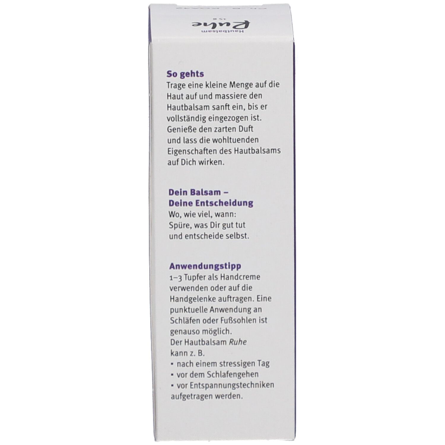 Côté de la boîte avec instructions d'utilisation. Texte sur l'application et le dosage du baume pour la peau.