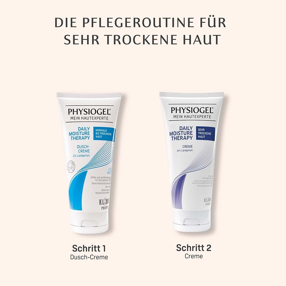 Deux tubes de crème PHYSIOGEL®. Étape 1: Crème de douche. Étape 2: Crème.