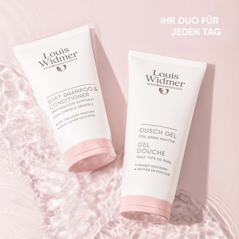 Deux tubes de gel douche et de shampooing sur fond rose. Texte : Votre duo pour tous les jours.