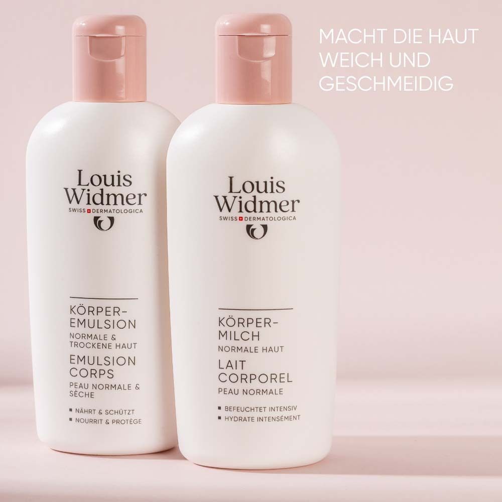 Zwei Flaschen Louis Widmer Körpermilch. Text: Macht die Haut weich und geschmeidig.