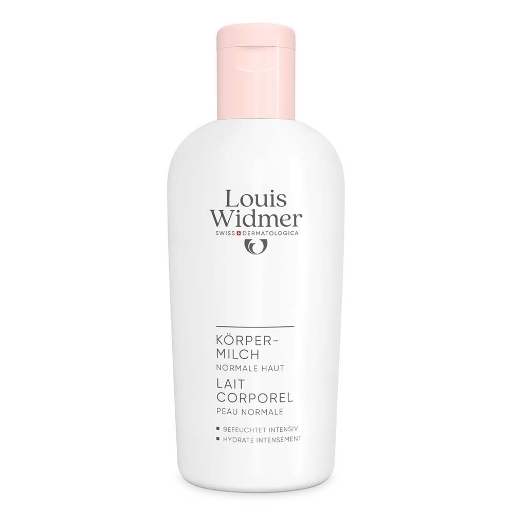 Bouteille blanche avec bouchon rose. Inscription: Louis Widmer, Lait Corporel, pour peau normale. Avec croix suisse.