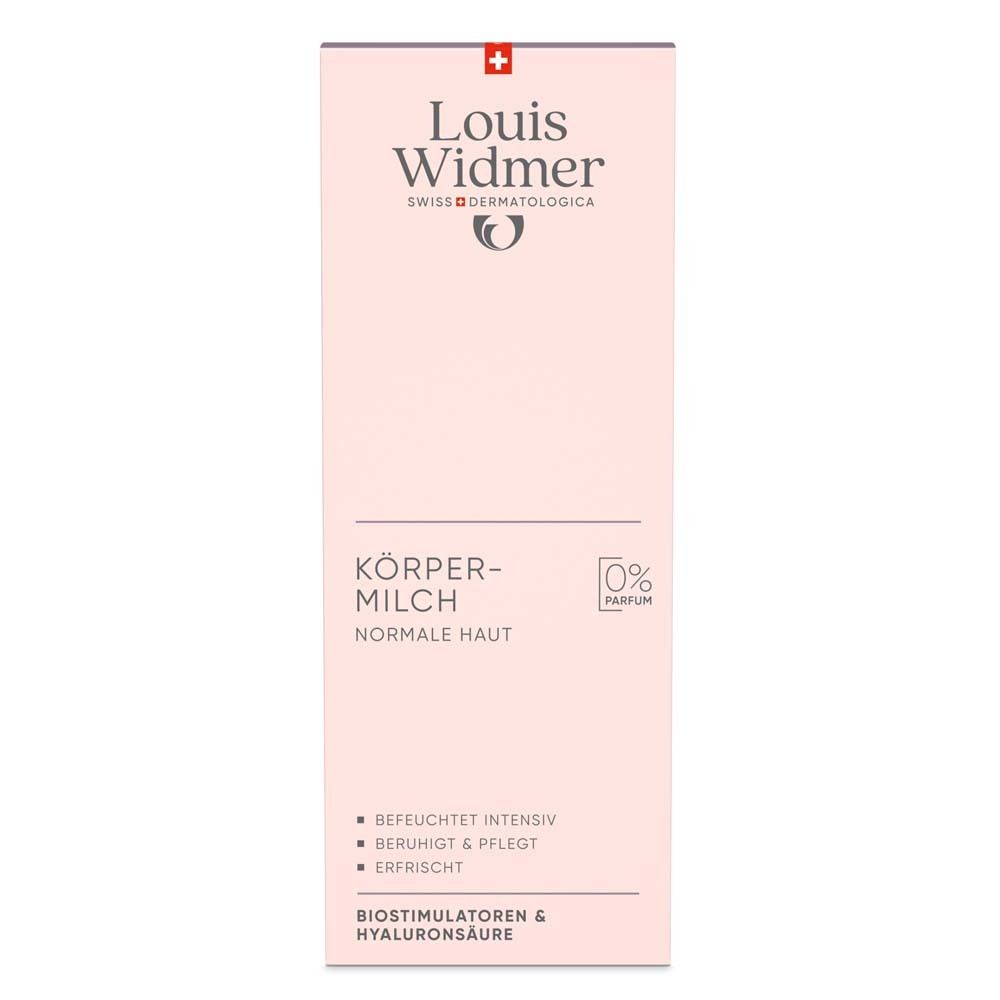 Emballage rose avec logo Louis Widmer et croix suisse. Inscription: Lait Corporel, pour peau normale. 0% Parfum. Informations produit.