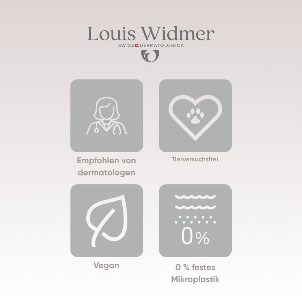 Logo und Icons. Text: Empfohlen von Dermatologen, tierversuchsfrei, vegan, 0% festes Mikroplastik. Marke: Louis Widmer.