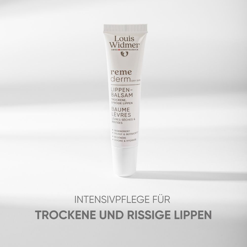 Weiße Tube Lippenbalsam. Aufschrift: Louis Widmer, remederm dry skin, Lippenbalsam, Trockene, spröde Lippen. Text: Intensivpflege für trockene und rissige Lippen.
