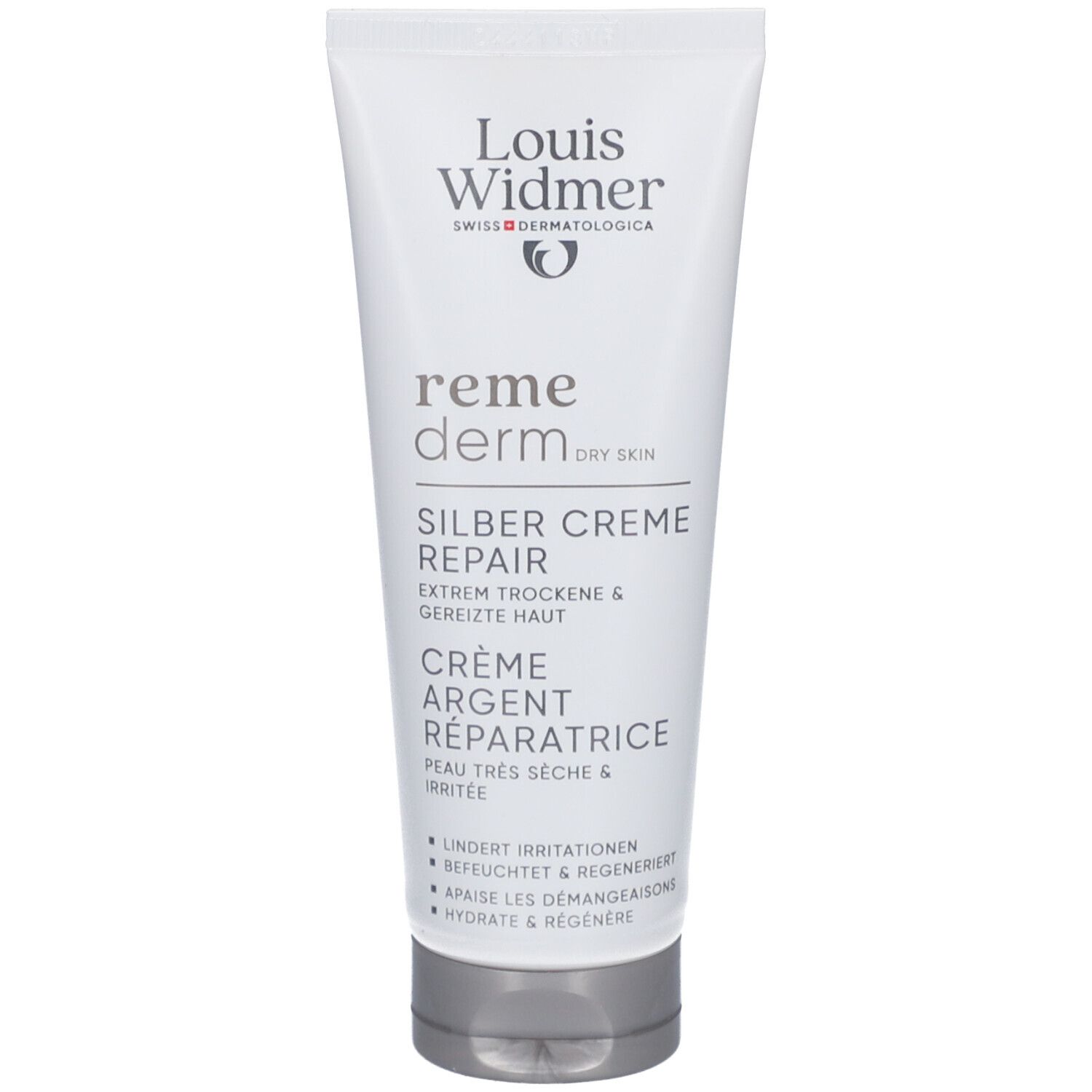 Tube de crème Louis Widmer Remederm Silber Creme Repair. Blanc, bouchon gris. Texte: reme derm, Silber Creme Repair, pour peau sèche.