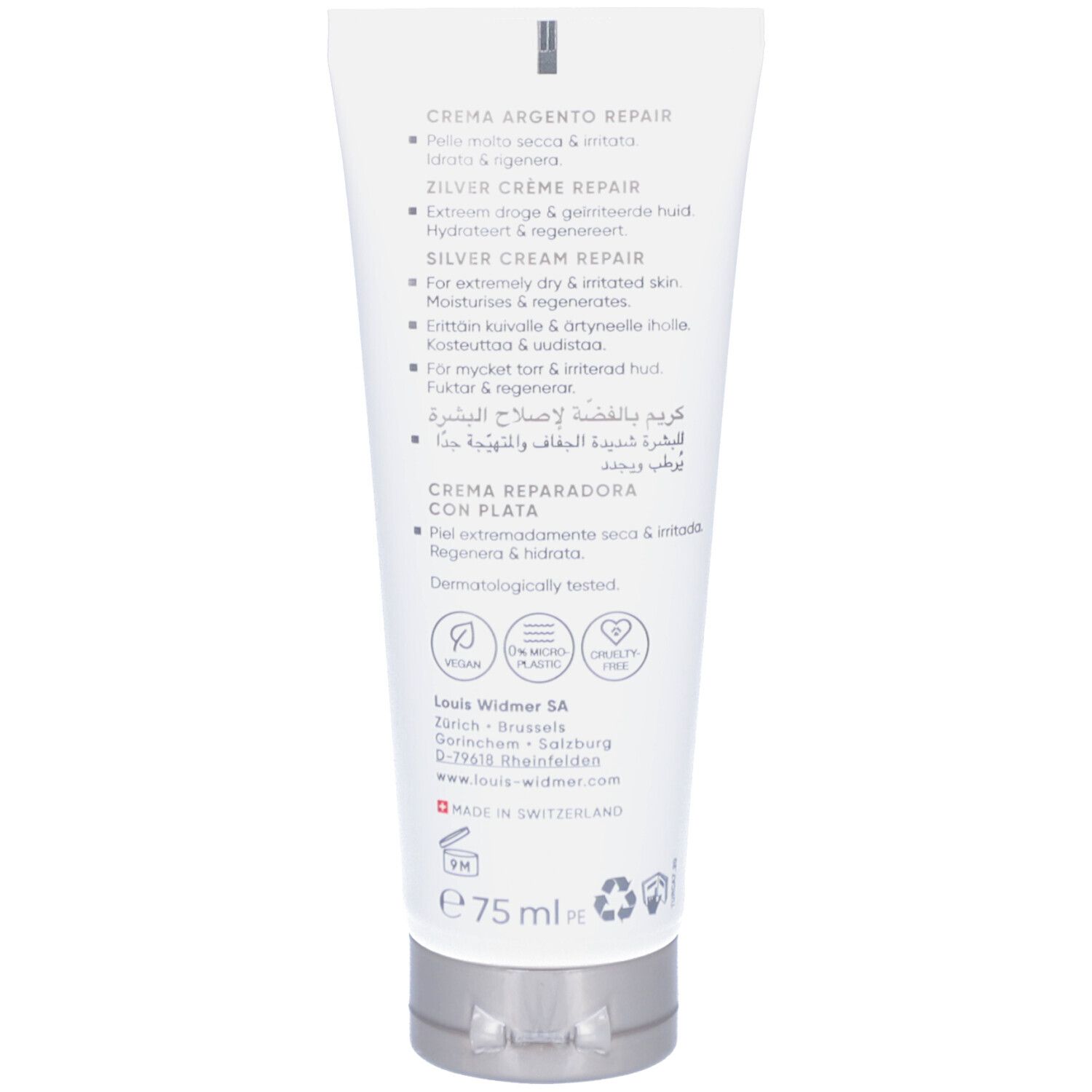 Dos du tube de crème Louis Widmer Remederm Silber Creme Repair. Texte multilingue. Ingrédients, logo, 75 ml, testé dermatologiquement.