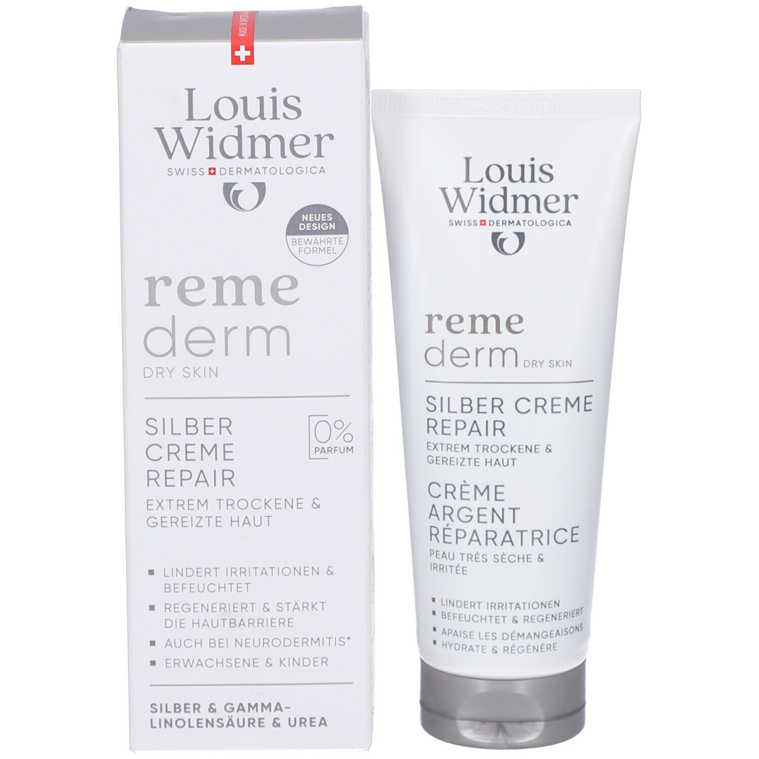 Louis Widmer Remederm Silber Creme Repair, tube et boîte. Blanc, texte: reme derm, Silber Creme Repair, 0% parfum. Pour peau sèche.