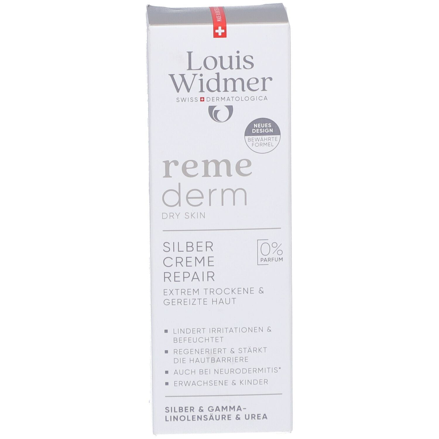 Boîte Louis Widmer Remederm Silber Creme Repair. Blanc, texte: reme derm, Silber Creme Repair, 0% parfum. Pour peau sèche.