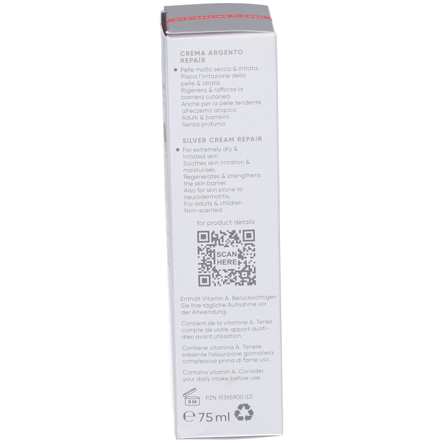 Côté de la boîte Louis Widmer Remederm Silber Creme Repair. Texte multilingue, QR code, 75 ml. Testé dermatologiquement.