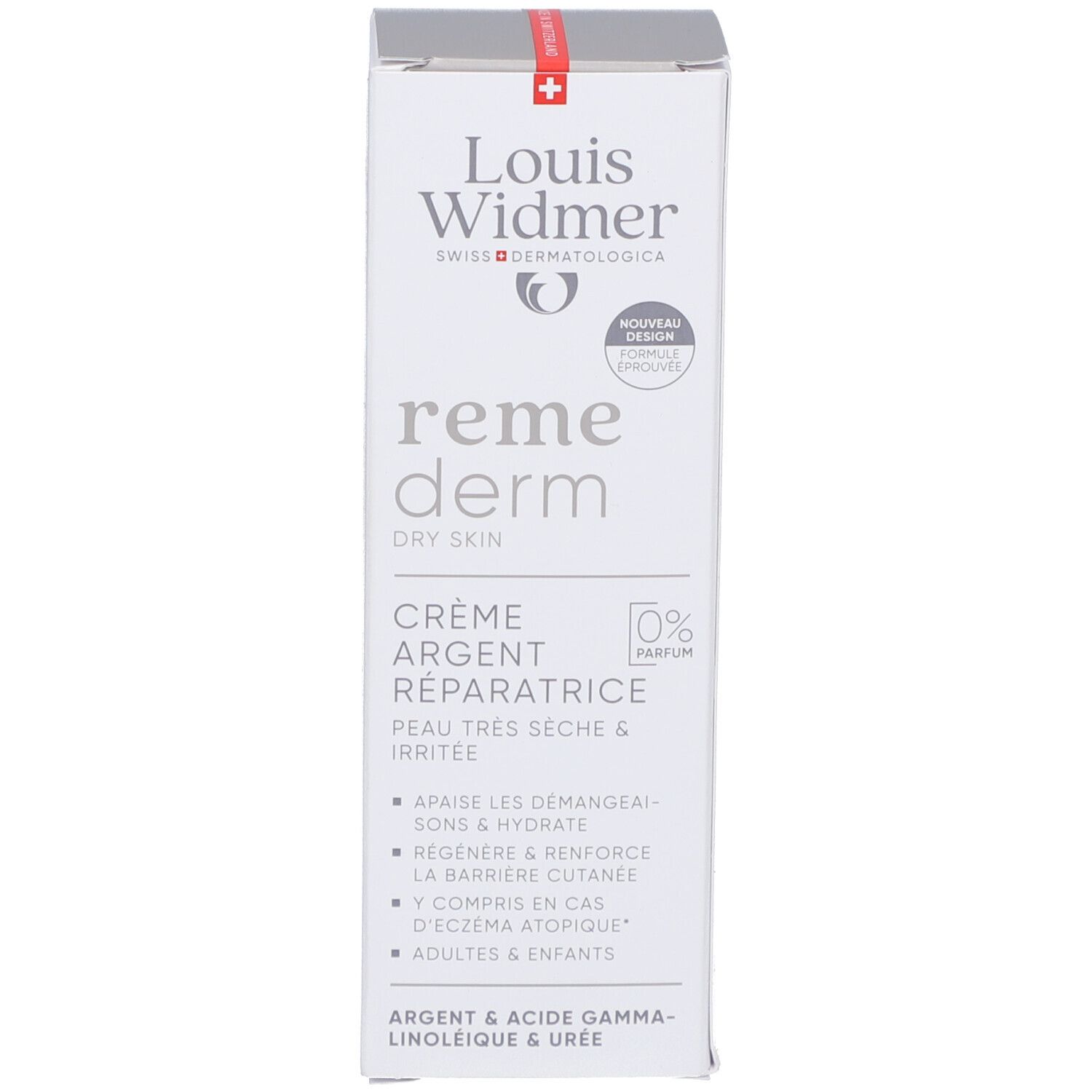 Boîte Louis Widmer Remederm Silber Creme Repair. Texte: reme derm, Silber Creme Repair, 0% parfum. Pour peau sèche, pour eczéma atopique.