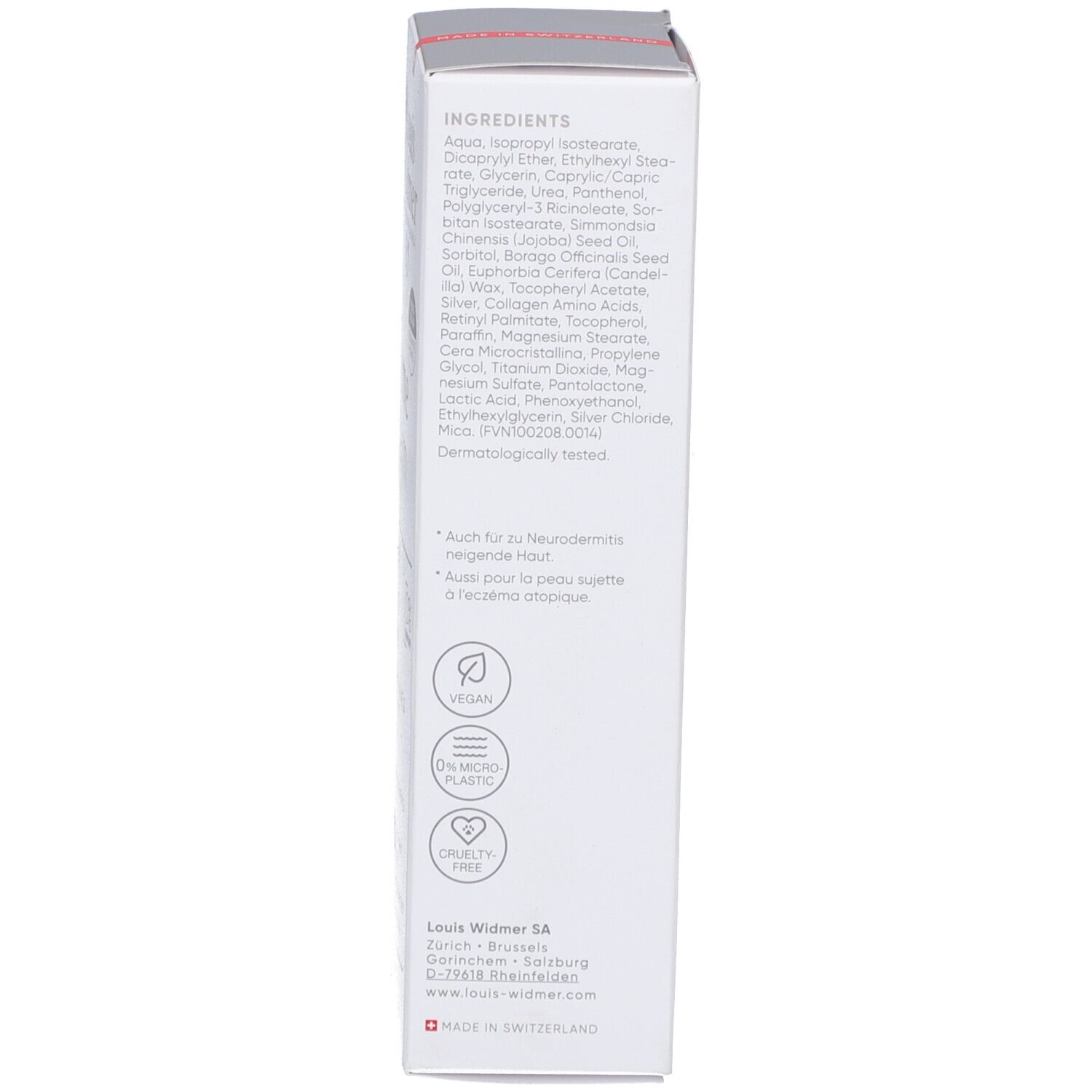 Côté de la boîte Louis Widmer Remederm Silber Creme Repair. Ingrédients, logos: Vegan, Sans microplastiques, Cruelty Free. Fabriqué en Suisse.