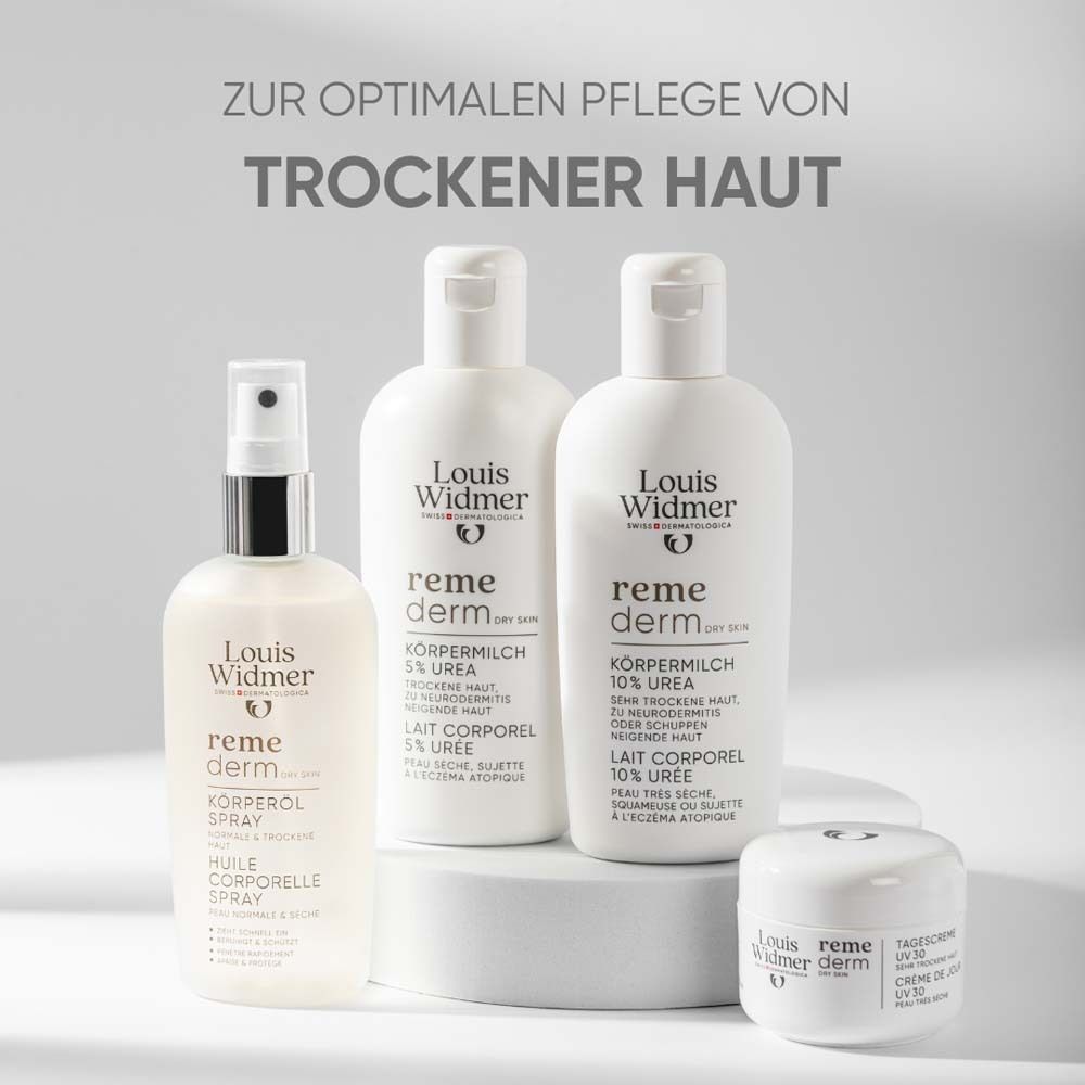 Verschiedene Louis Widmer Produkte: Körpermilch, Körperspray und Tagescreme UV 30. Für trockene Haut.