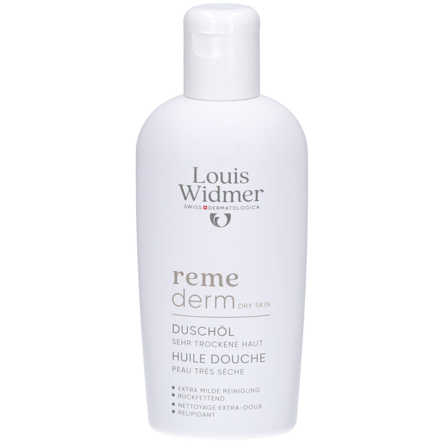 Flacon blanc à bouchon rabattable. Inscription: Louis Widmer, remederm, Huile douche, peau très sèche. Logo.