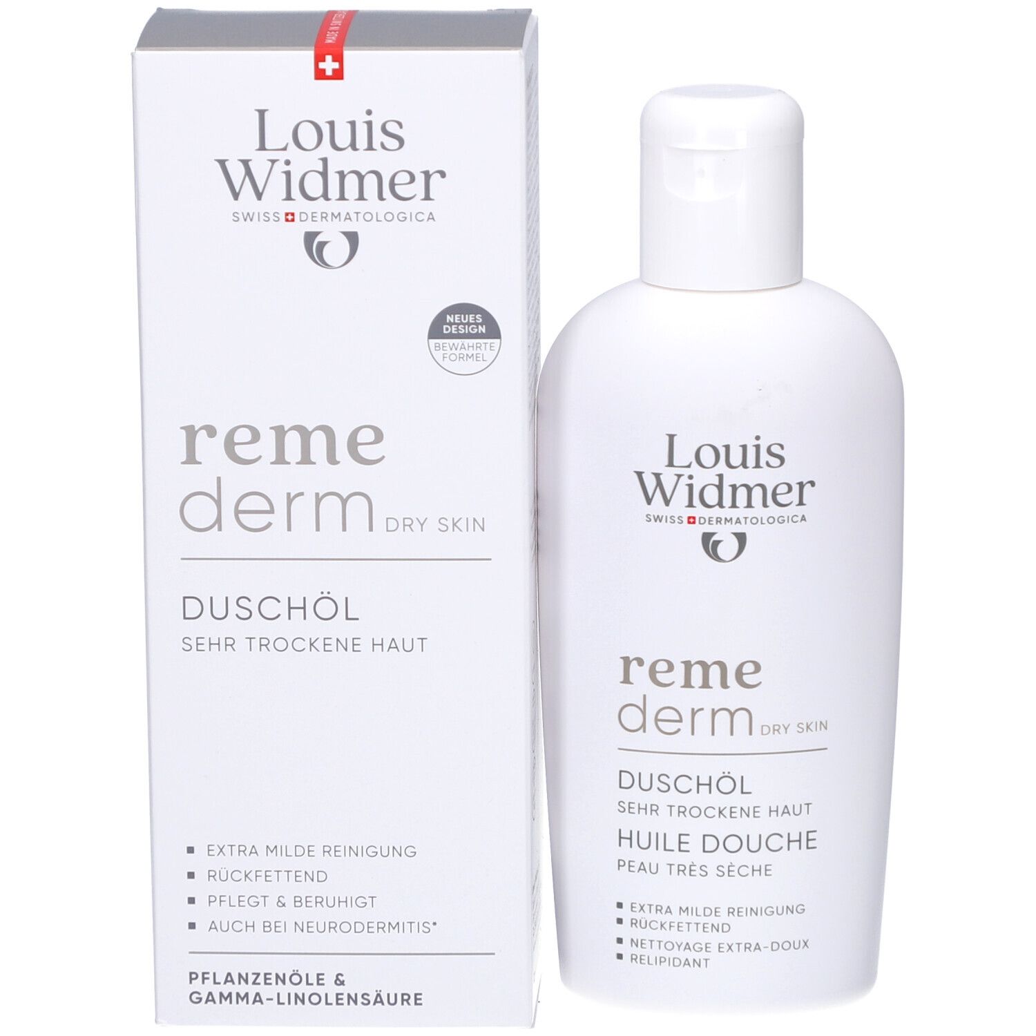Flacon et boîte blancs. Inscription: Louis Widmer, remederm, Huile douche, peau très sèche. Logo. Nouveau design.