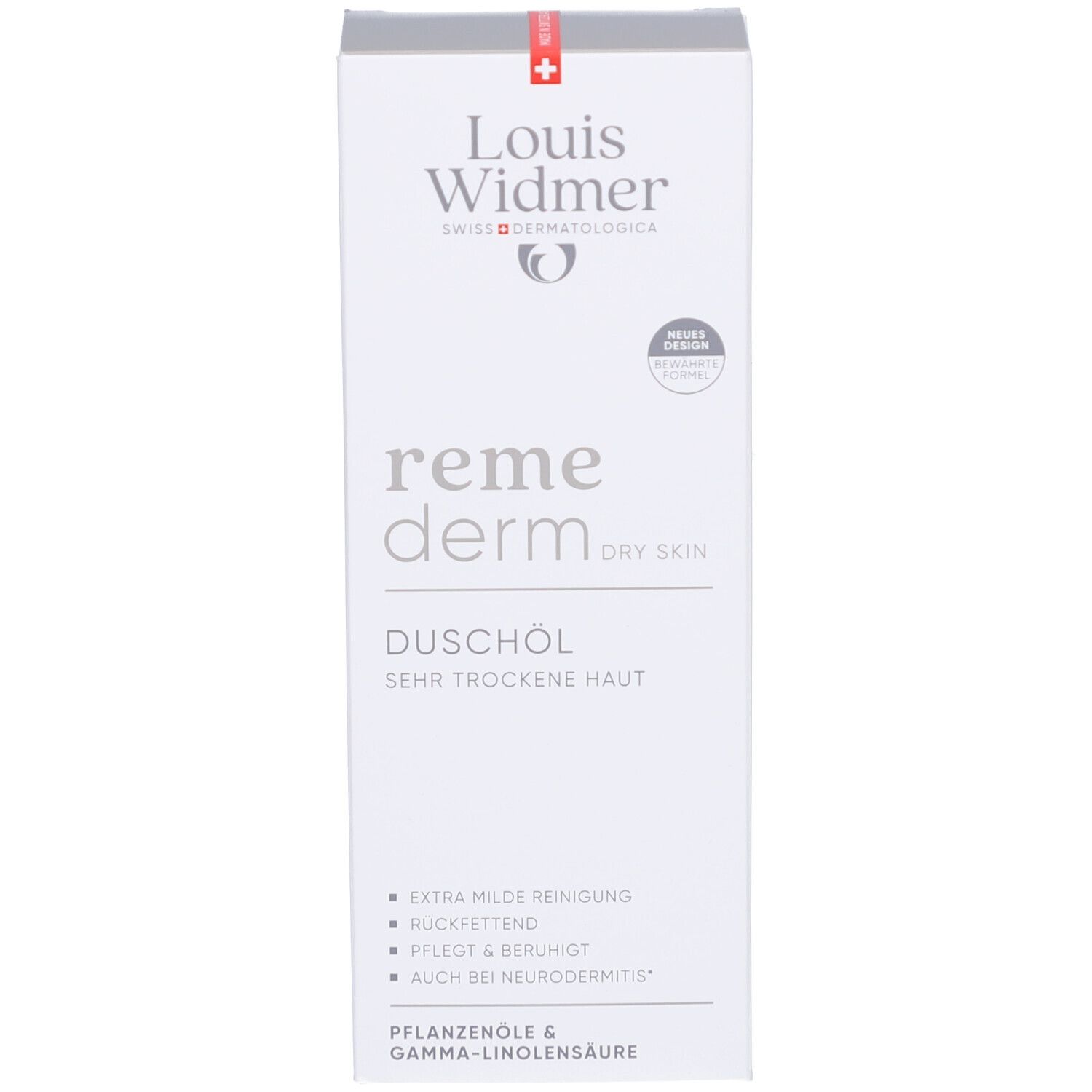 Boîte blanche avec bande rouge. Inscription: Louis Widmer, remederm, Huile douche, peau très sèche. Logo. Nouveau design.