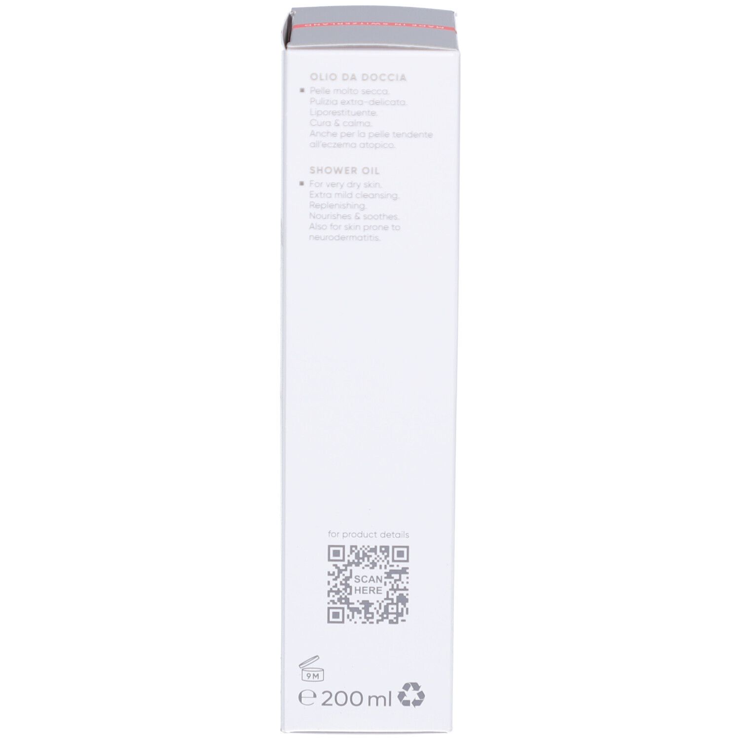 Dos de la boîte blanche. Texte en plusieurs langues. Code QR. Volume: 200 ml.