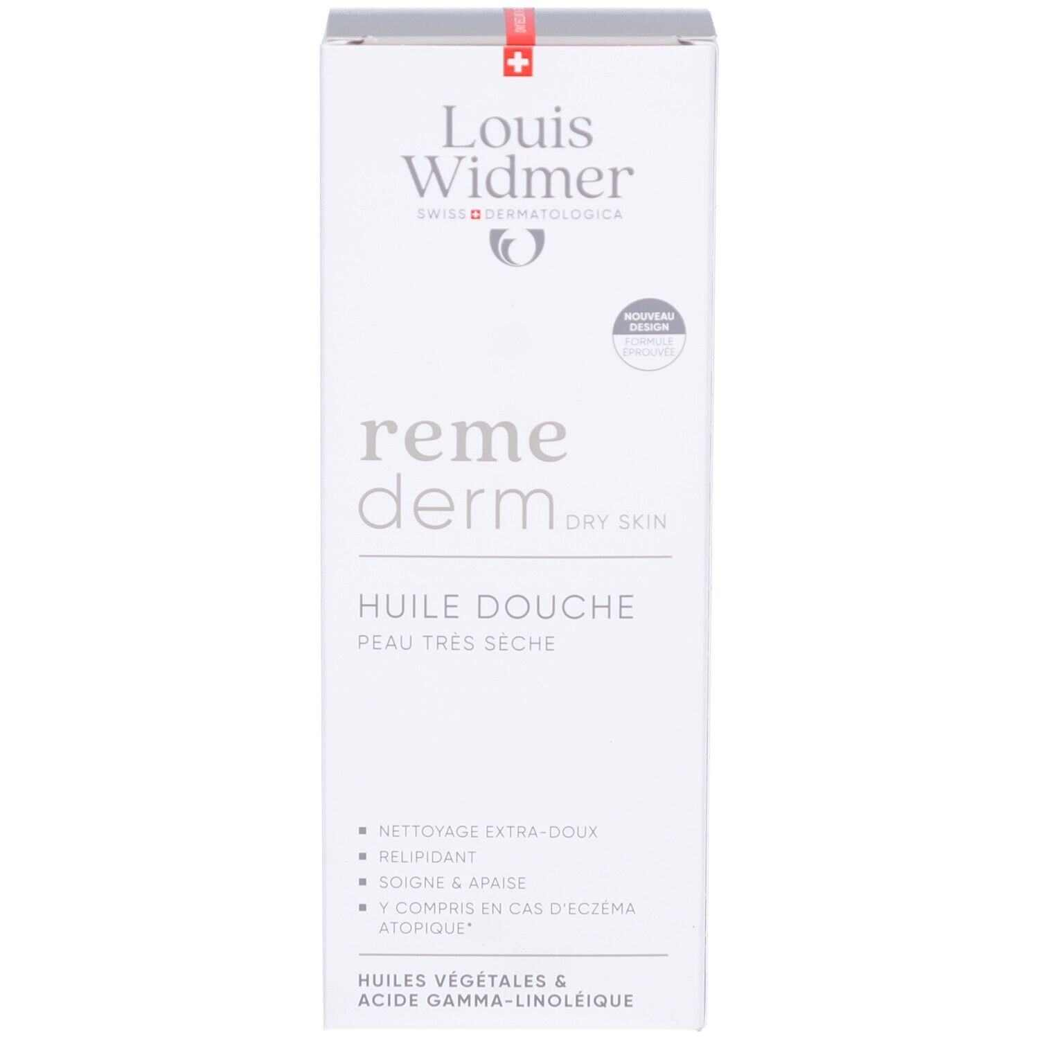 Boîte blanche avec bande rouge. Inscription: Louis Widmer, remederm, Huile douche, peau très sèche. Logo. Nouveau design.