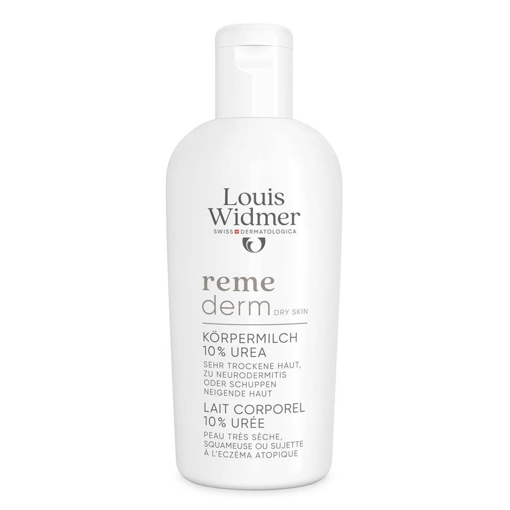 Flacon blanc Louis Widmer remederm Lait corporel 10% Urée. Peau très sèche, squameuse ou sujette à l'eczéma atopique.
