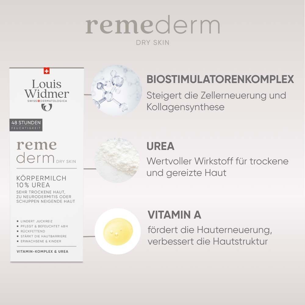 Louis Widmer remederm Lait corporel 10% Urée. Texte: Complexe biostimulateur, Urée, Vitamine A. Hydratation 48 heures.