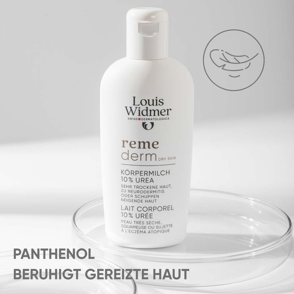 Flacon blanc Louis Widmer remederm Lait corporel 10% Urée. Texte: Panthénol apaise la peau irritée.