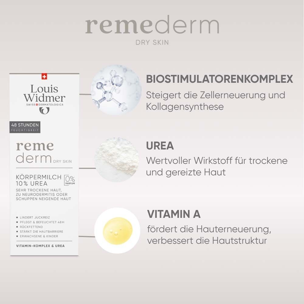 Image produit avec textes. Louis Widmer remederm Körpermilch 10% Urea. Textes: BIOTIMULATORENKOMPLEX, UREA, VITAMINE A. Ingrédients.