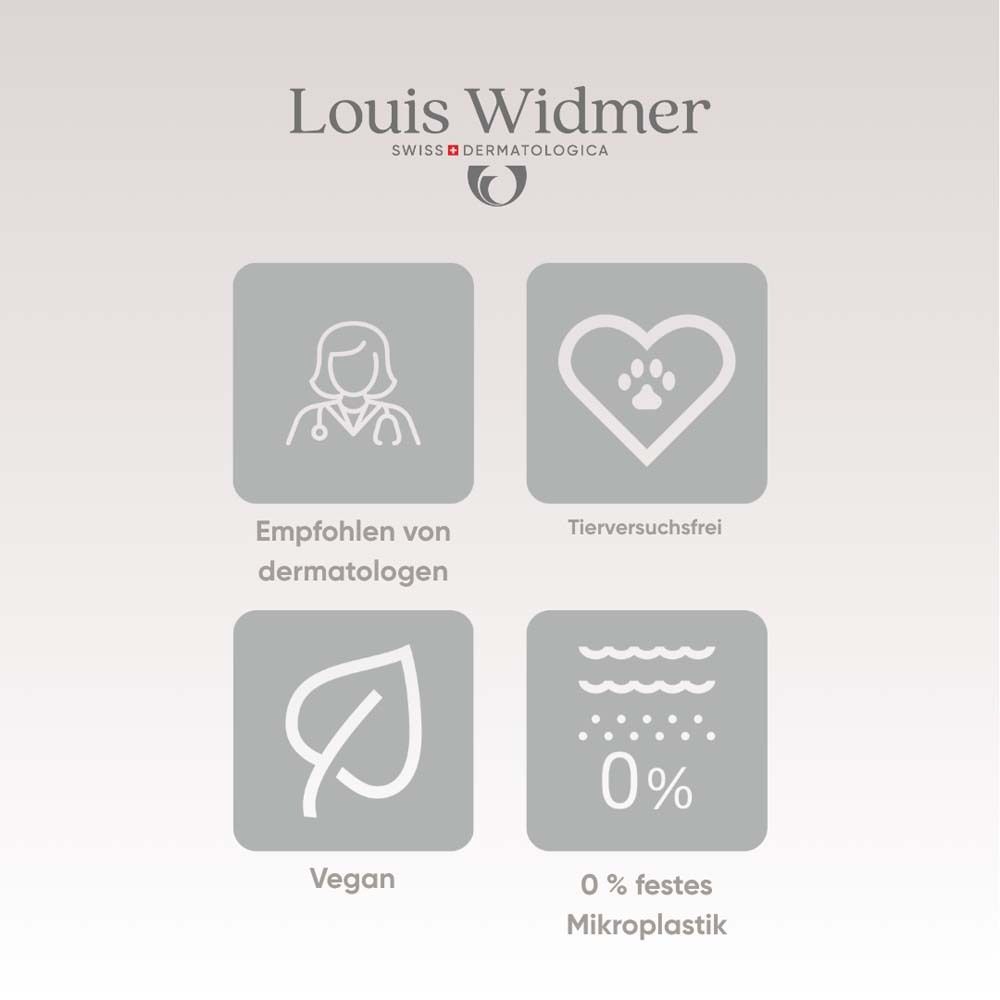 Symbole: Dermatologen empfohlen, tierversuchsfrei, vegan, 0% Mikroplastik. Marke Louis Widmer.