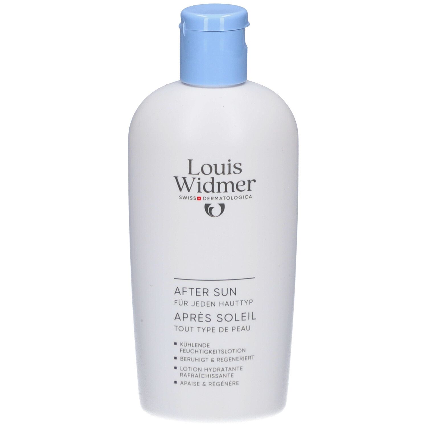 Flacon blanc avec bouchon bleu. Inscription: Louis Widmer, Après Soleil. Lotion hydratante rafraîchissante. Tout type de peau.