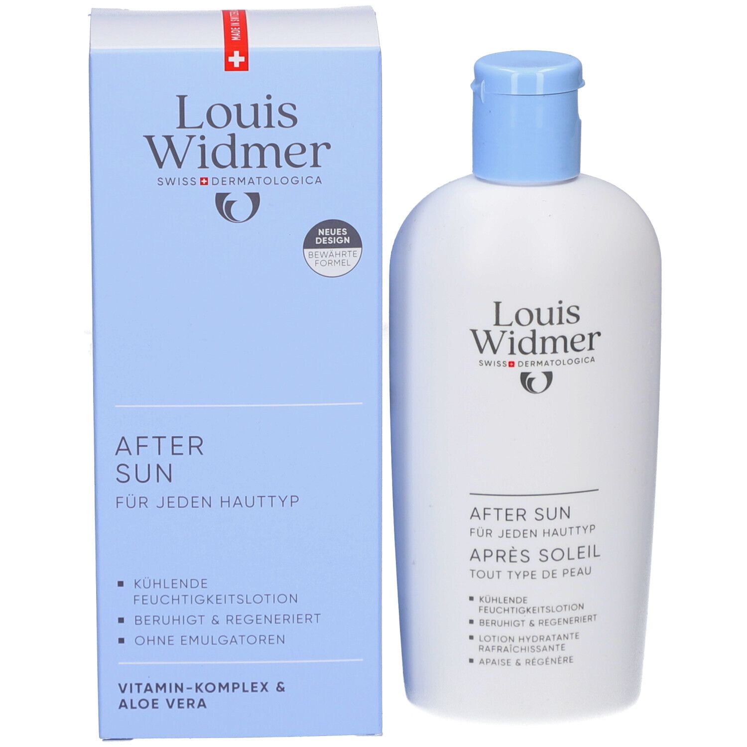 Emballage et flacon. Emballage: bleu, Louis Widmer, Après Soleil. Flacon: blanc, bleu. Lotion hydratante rafraîchissante.
