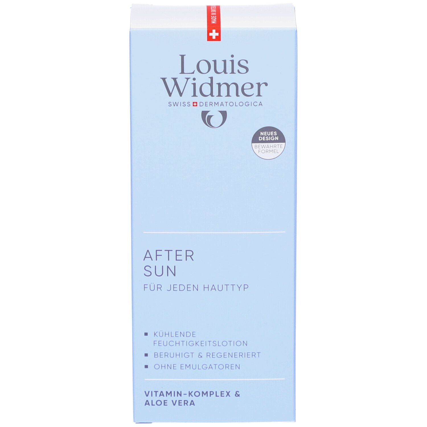 Emballage bleu. Inscription: Louis Widmer, Après Soleil. Lotion hydratante rafraîchissante. Complexe vitaminé & Aloe Vera.