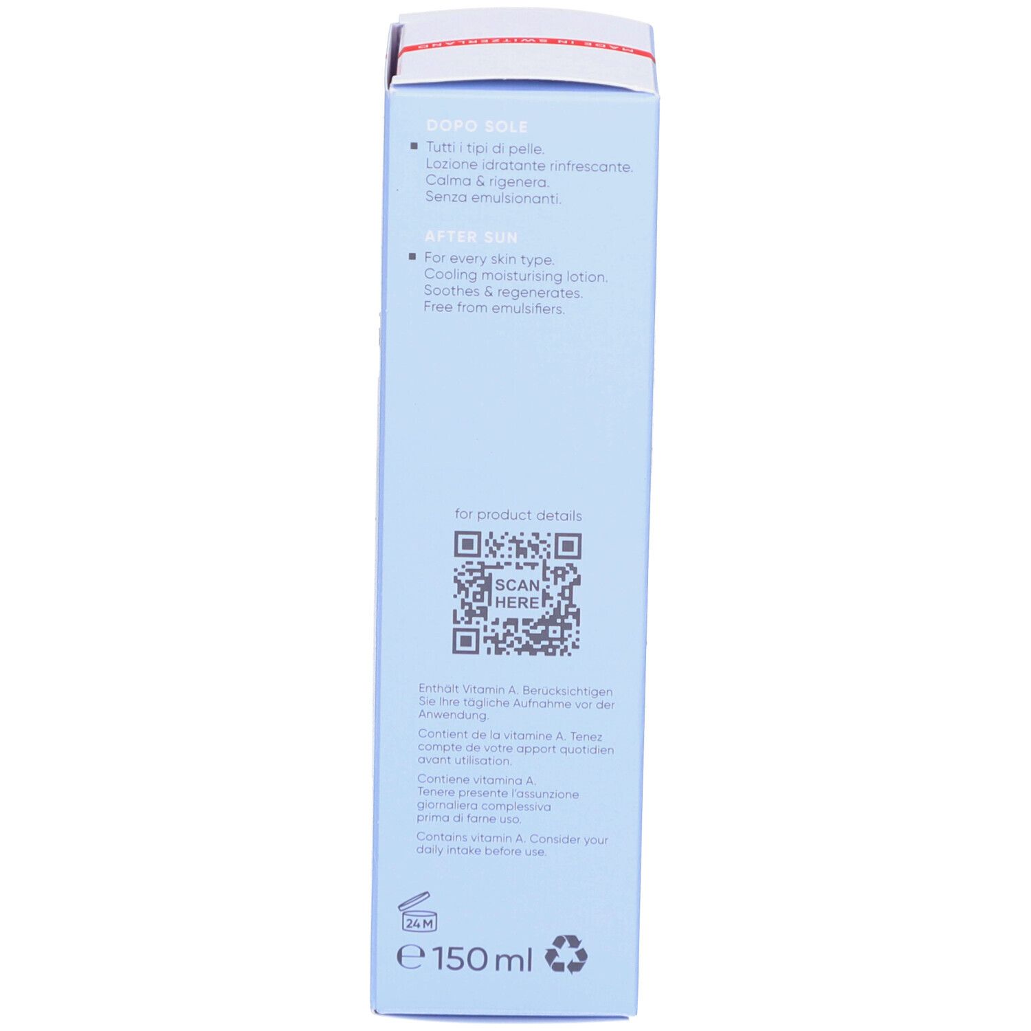 Côté de l'emballage bleu. Inscription: Louis Widmer, Après Soleil. Code QR. Ingrédients. Volume: 150 ml.