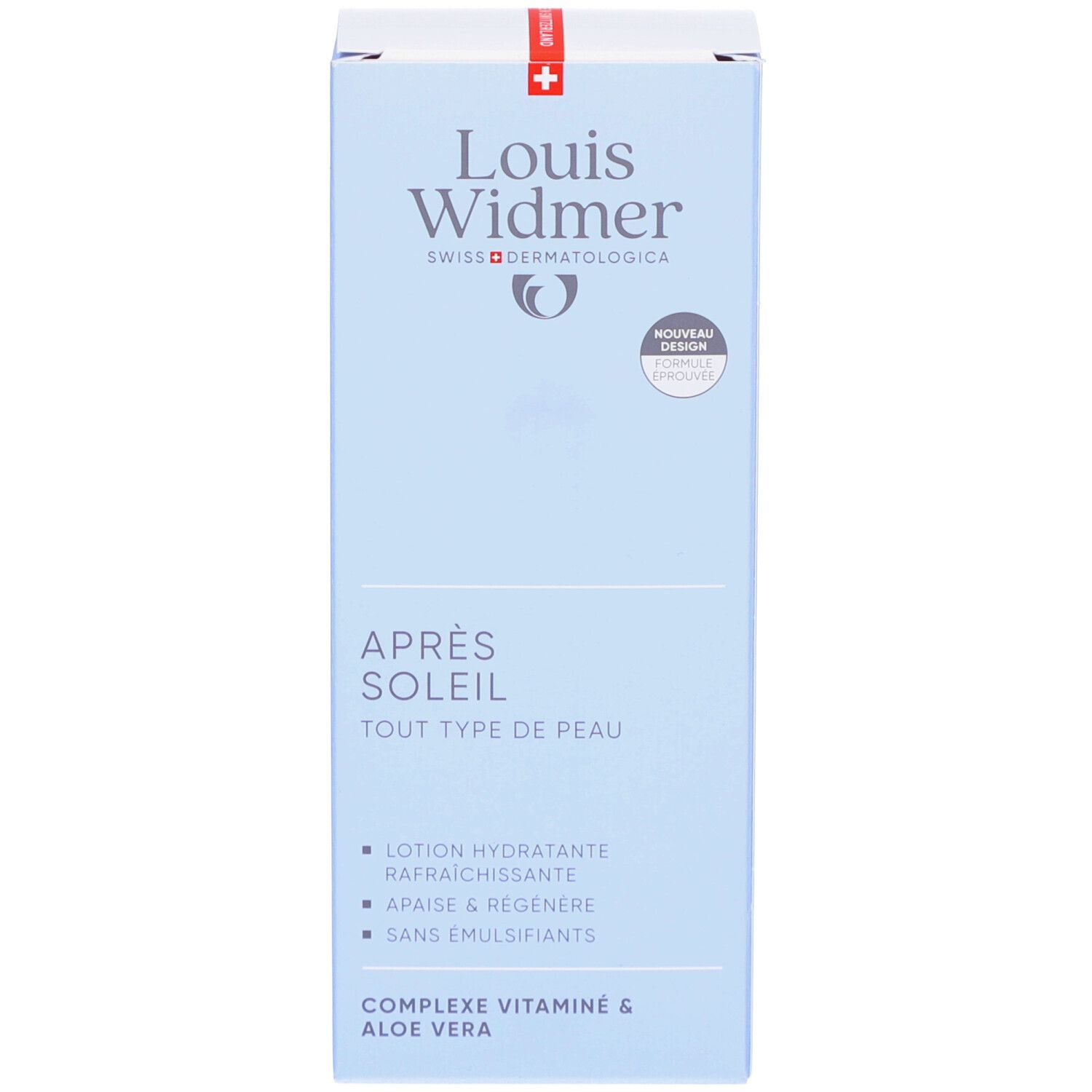 Face avant de l'emballage bleu. Inscription: Louis Widmer, Après Soleil. Lotion hydratante rafraîchissante. Sans émulsifiants.