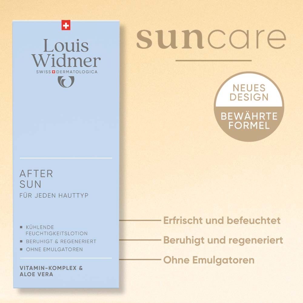 Emballage bleu. Texte: Après Soleil, tous types de peau. Nouveau design, formule éprouvée. Rafraîchit.