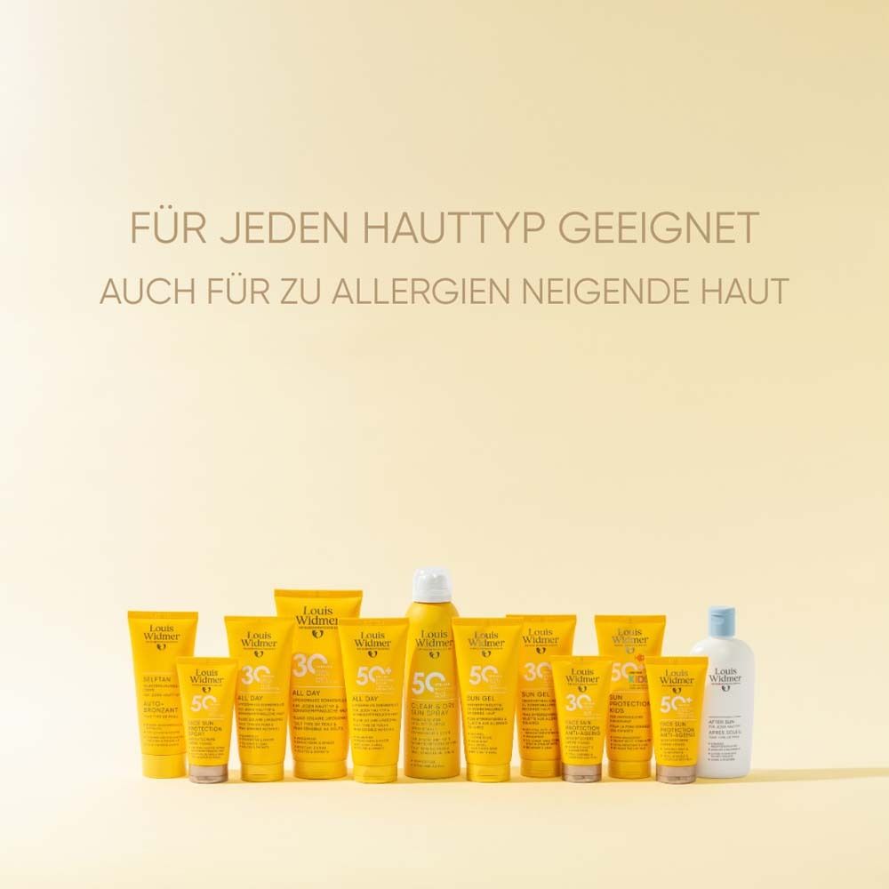 Diverses crèmes solaires et Après Soleil. Texte: Convient à tous les types de peau, même les peaux allergiques.