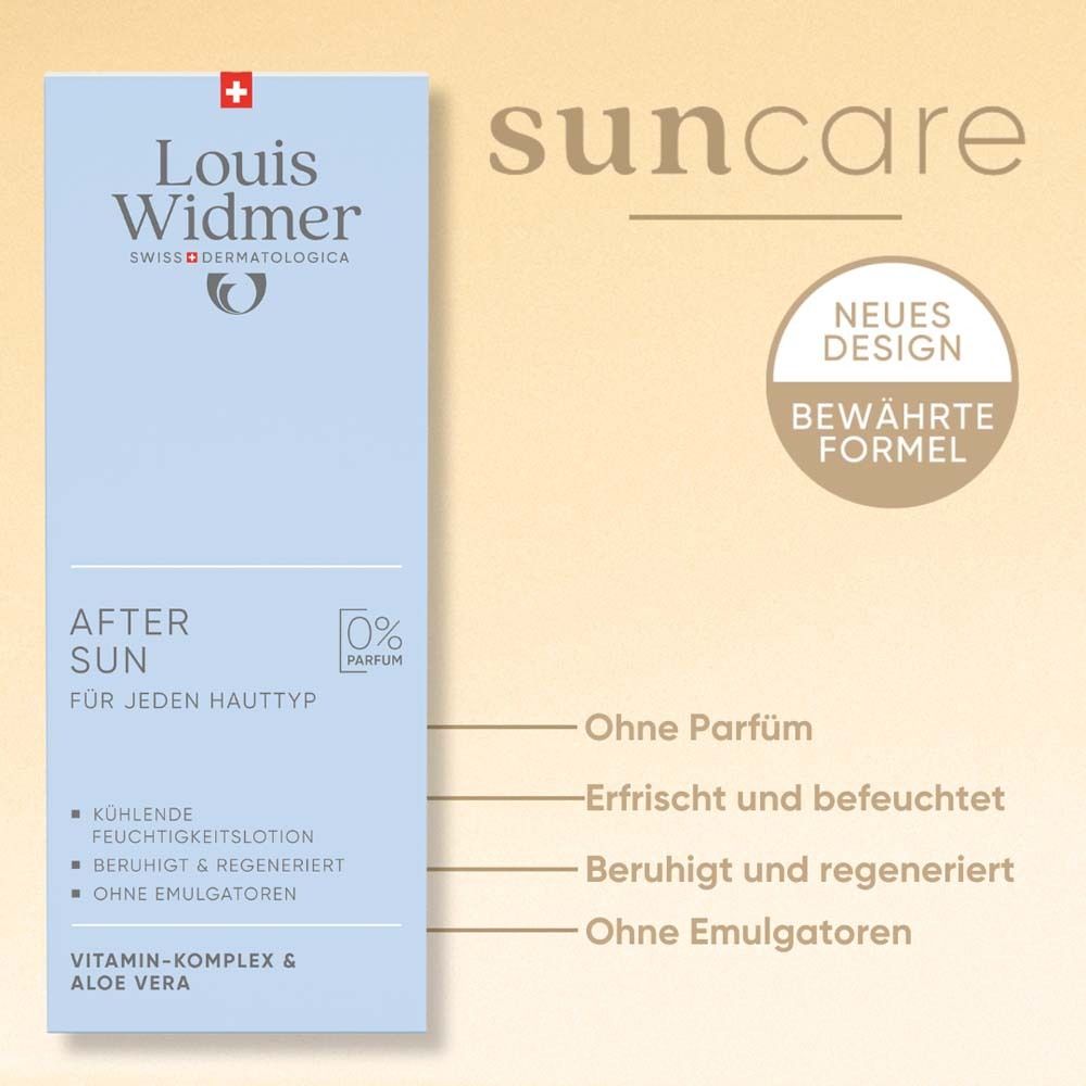 Louis Widmer After Sun, blaue Verpackung. Text: Ohne Parfum, für jeden Hauttyp.