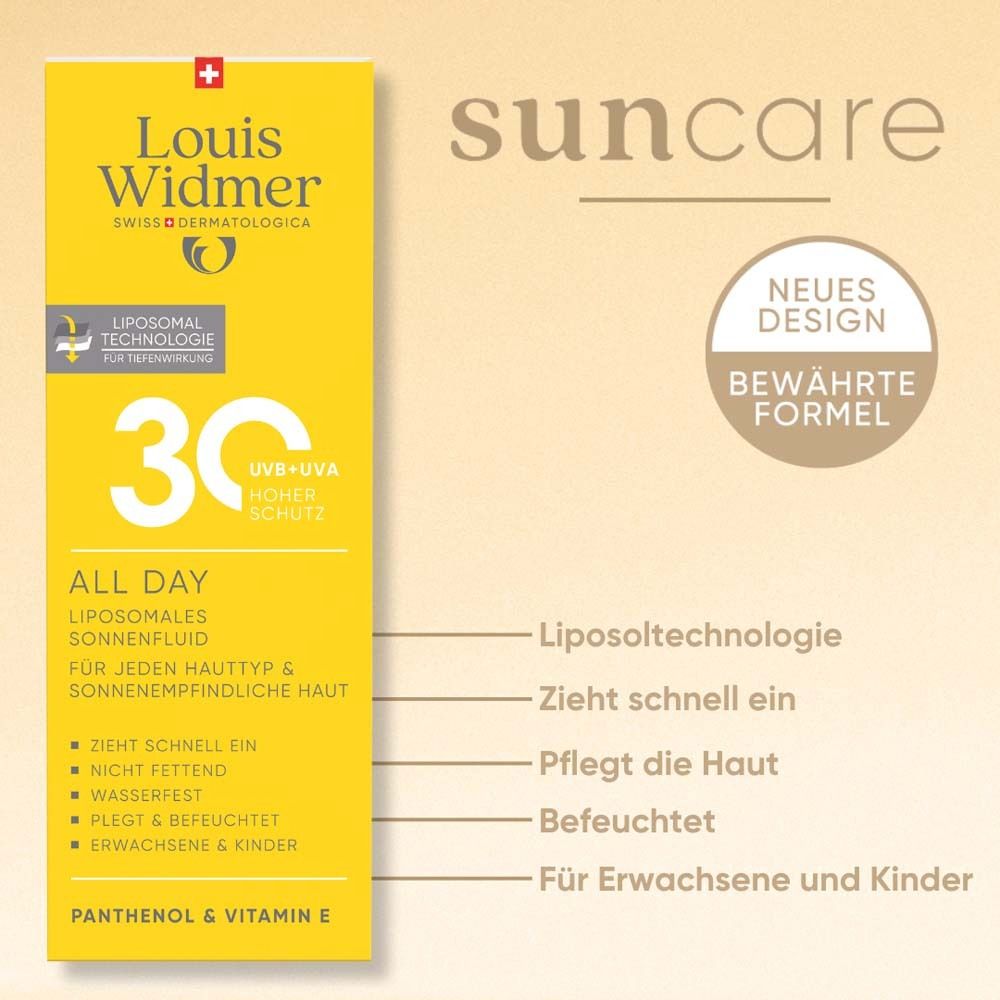Emballage jaune Louis Widmer All Day 30. Texte: Fluide solaire liposomial, 30, protection UVB+UVA. Nouveau design, formule éprouvée.