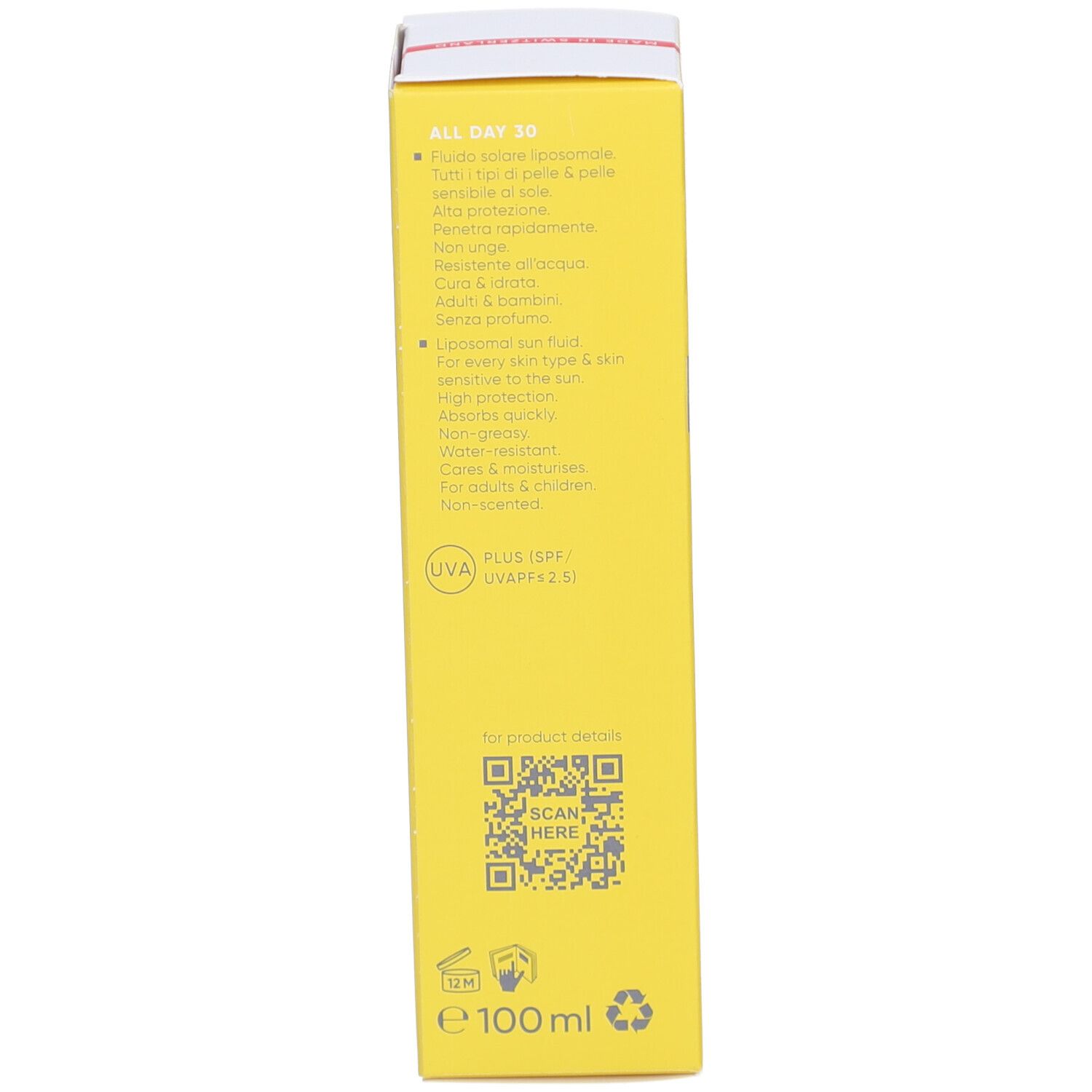Rückseite der gelben Produktverpackung. Text: All Day 30, Fludo solare liposomiale. 100 ml. Scan QR-Code.