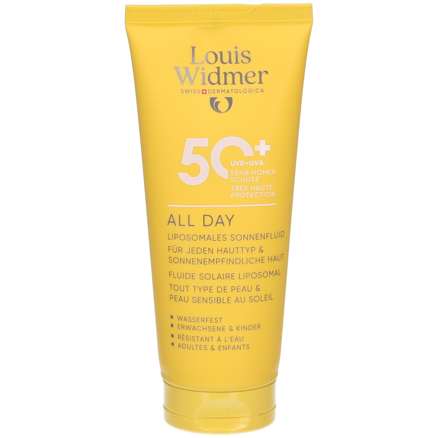Tube jaune de crème solaire. Marque Louis Widmer, protection UV 50+. Texte: ALL DAY, fluide solaire liposomial.