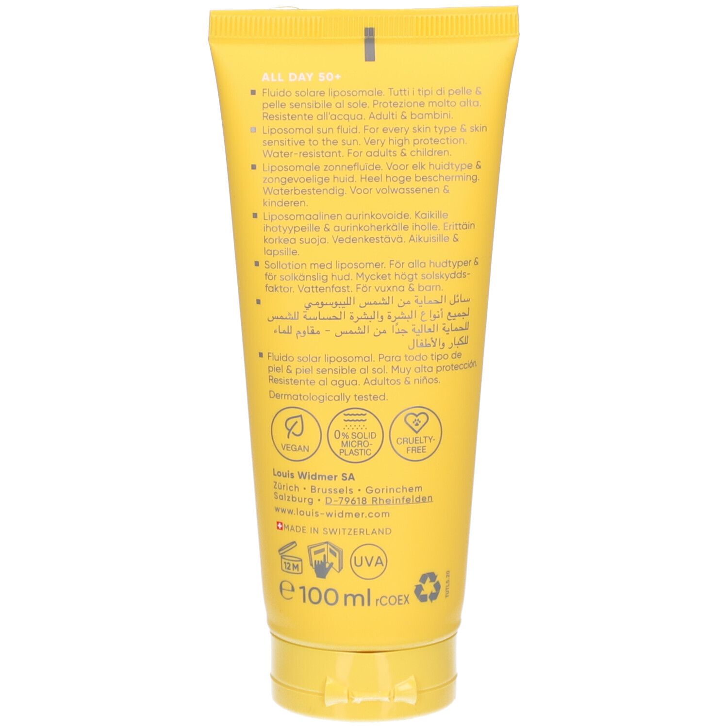 Dos du tube jaune. Texte multilingue. Informations sur les ingrédients et les certifications.