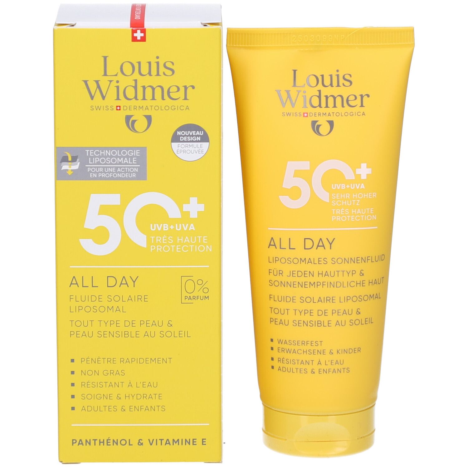 Tube et boîte jaunes. Marque Louis Widmer, protection UV 50+. Texte: ALL DAY, fluide solaire liposomial. Nouveau design.