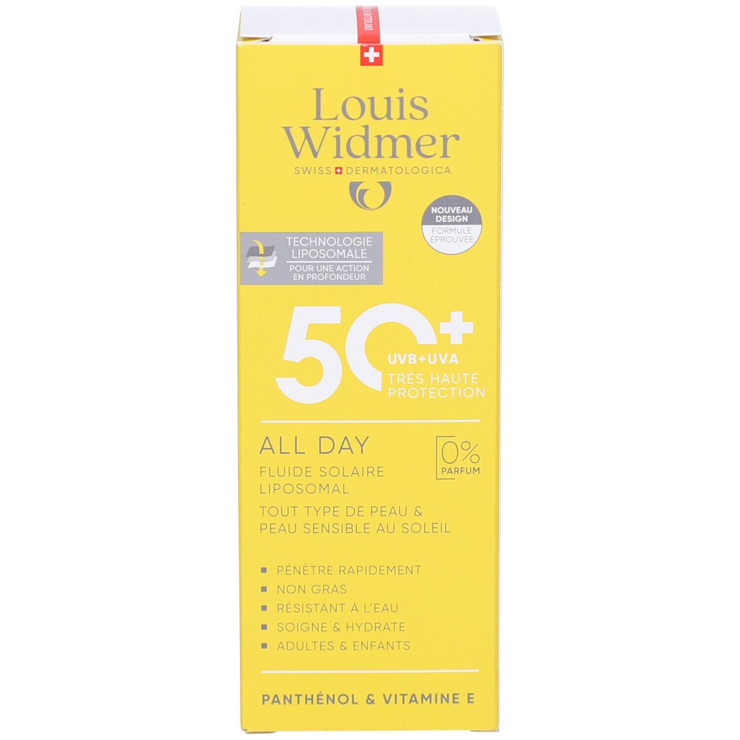 Boîte jaune. Marque Louis Widmer, protection UV 50+. Texte: ALL DAY, fluide solaire liposomial. Nouveau design.