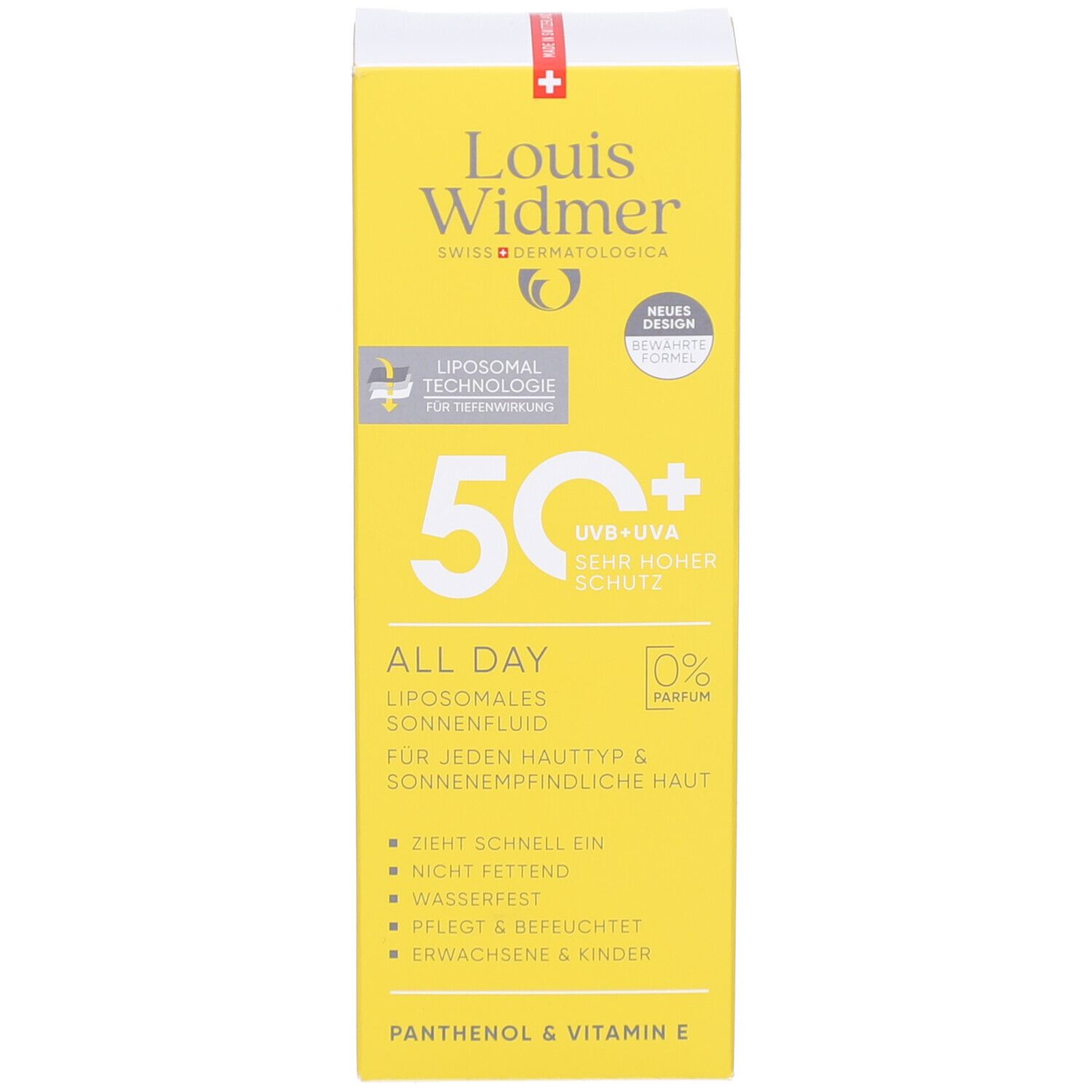 Boîte jaune. Marque Louis Widmer, protection UV 50+. Texte: ALL DAY, fluide solaire liposomial. Nouveau design.