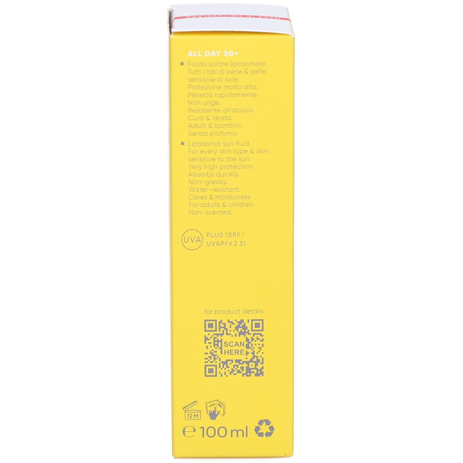 Dos de la boîte jaune. Texte multilingue. Informations sur les ingrédients et code QR.