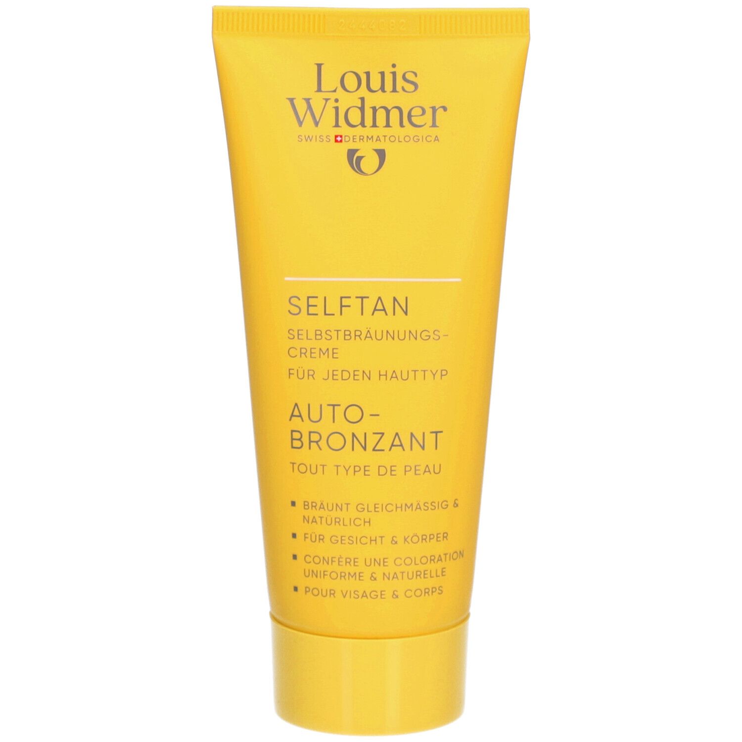 Gelbe Tube mit "Louis Widmer" und "Selftan" Aufschrift. Text in Deutsch und Französisch. Für jeden Hauttyp.